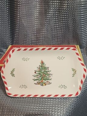 Spode White Platter with Red Candy-Stripe Rim and Christmas Tree